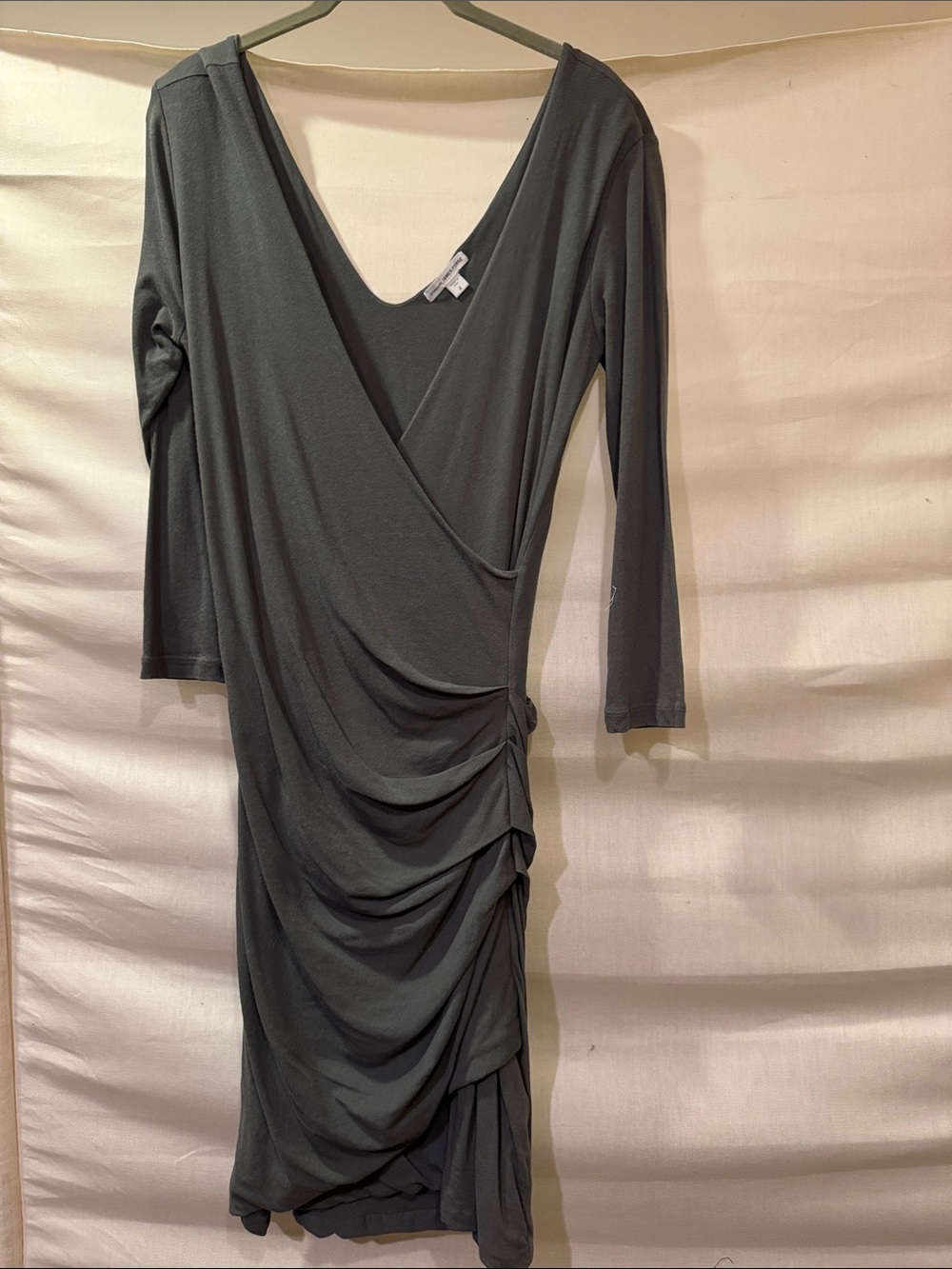 James Perse Gray Wrap-Style Long Sleeve Ruched Dress